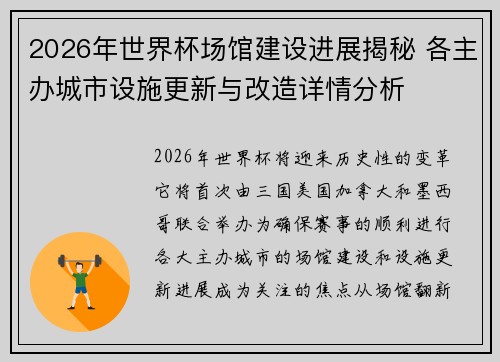 2026年世界杯场馆建设进展揭秘 各主办城市设施更新与改造详情分析